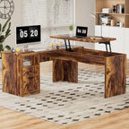 Modern Farmhouse Lift Top L-Shaped Desk with Charge Station, Corner Desk with File Drawers for Home Office