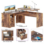 Modern Farmhouse Lift Top L-Shaped Desk with Charge Station, Corner Desk with File Drawers for Home Office