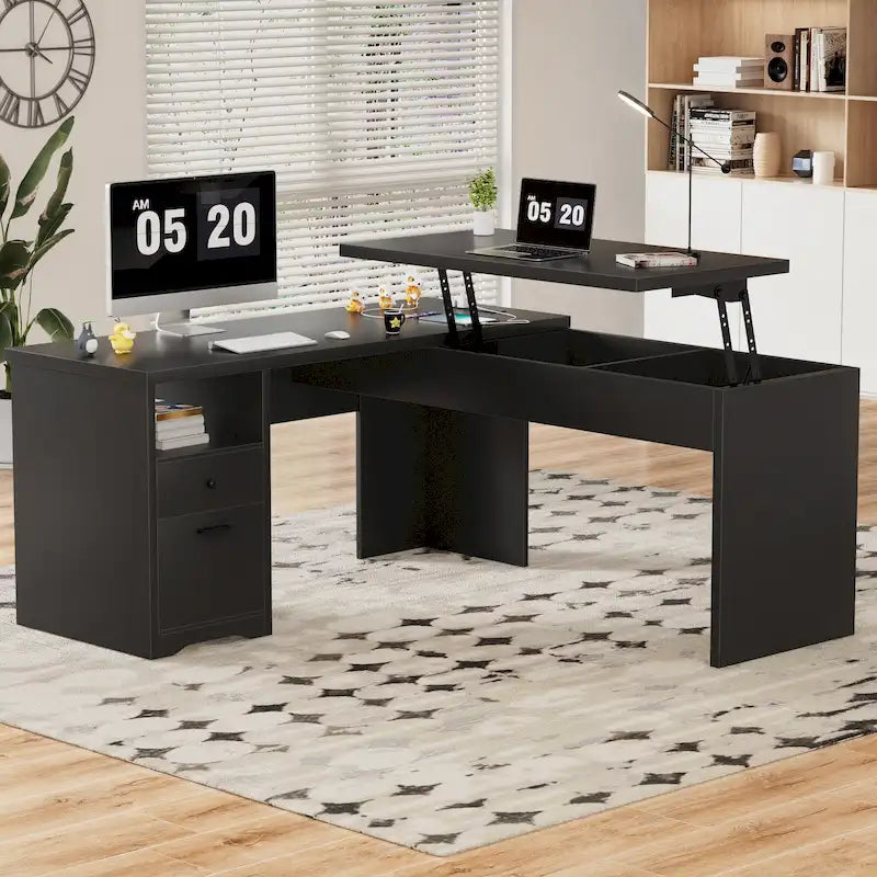 Modern Farmhouse Lift Top L-Shaped Desk with Charge Station, Corner Desk with File Drawers for Home Office
