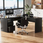 Modern Farmhouse Lift Top L-Shaped Desk with Charge Station, Corner Desk with File Drawers for Home Office