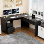 Modern Farmhouse Lift Top L-Shaped Desk with Charge Station, Corner Desk with File Drawers for Home Office