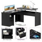 Modern Farmhouse Lift Top L-Shaped Desk with Charge Station, Corner Desk with File Drawers for Home Office