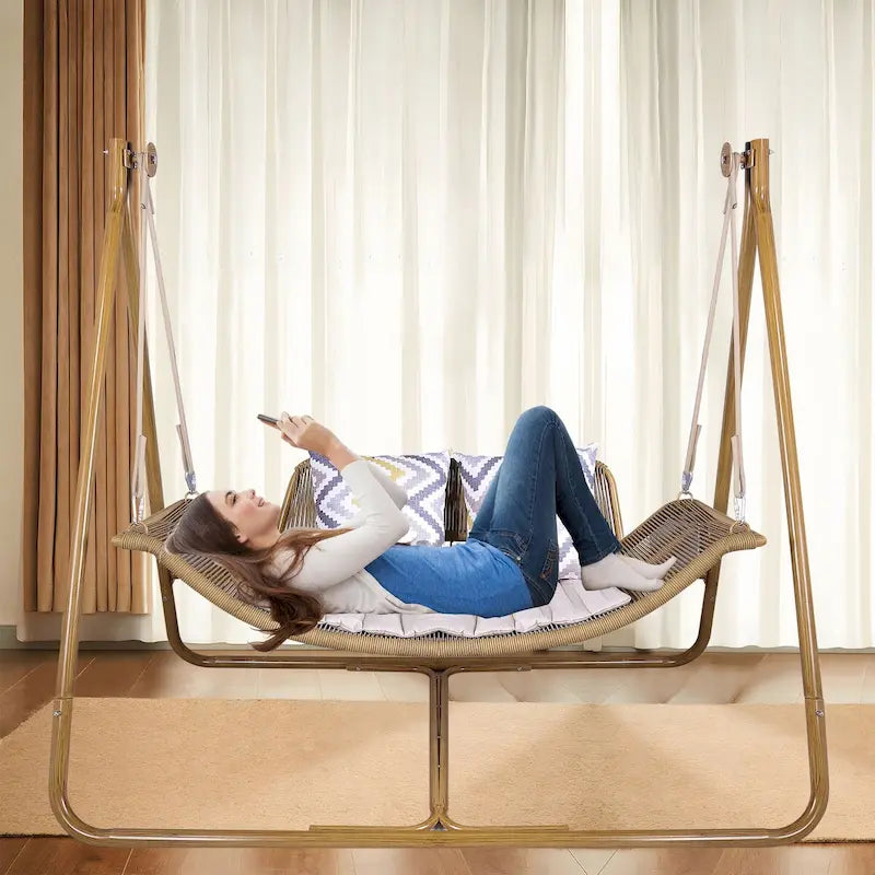 Sedia a dondolo amaca con supporto, telaio color legno antiruggine, capacità 258 kg con cuscino, sedia amaca doppia oversize