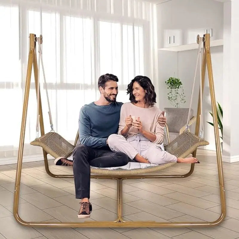 Sedia a dondolo amaca con supporto, telaio color legno antiruggine, capacità 258 kg con cuscino, sedia amaca doppia oversize