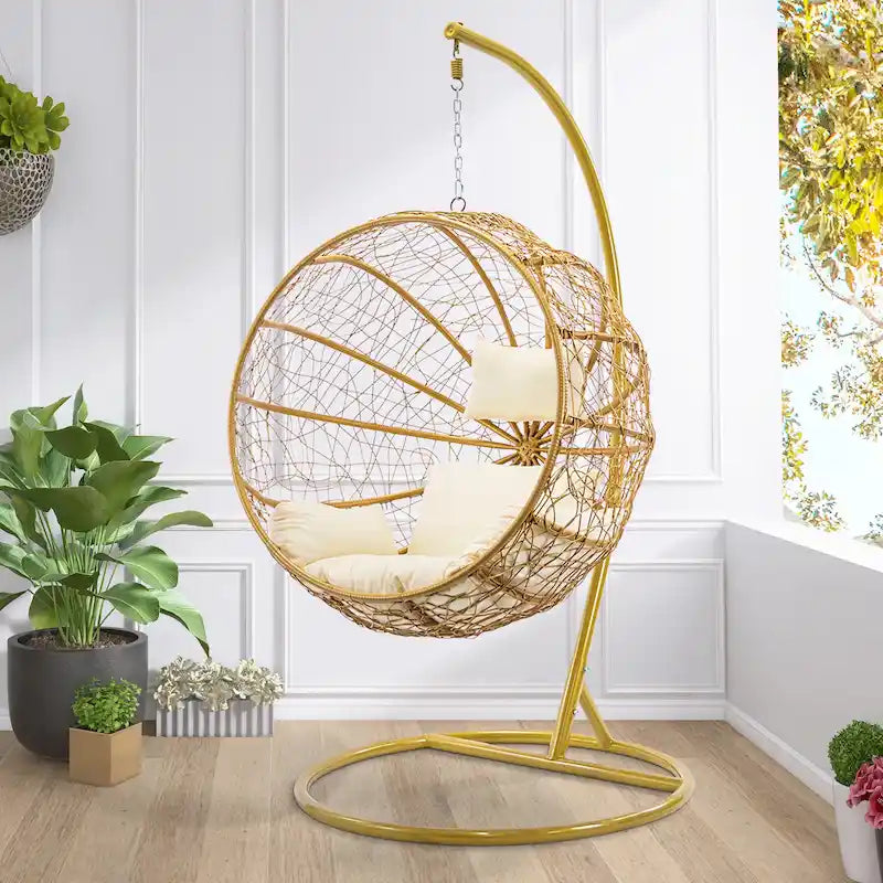 Modern Outdoor Gold Wicker Double Hanging Egg Swing Chair