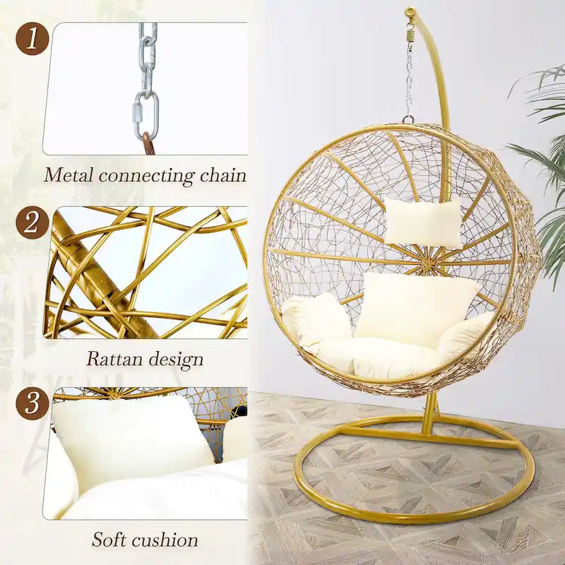 Modern Outdoor Gold Wicker Double Hanging Egg Swing Chair