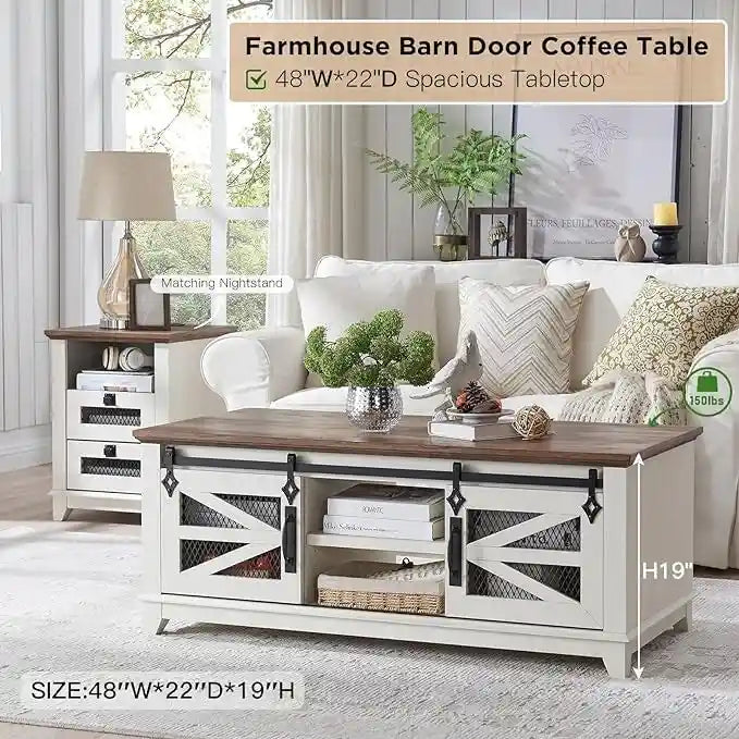 Farmhouse Coffee Table with Storage & Sliding Doors, Cocktail Table