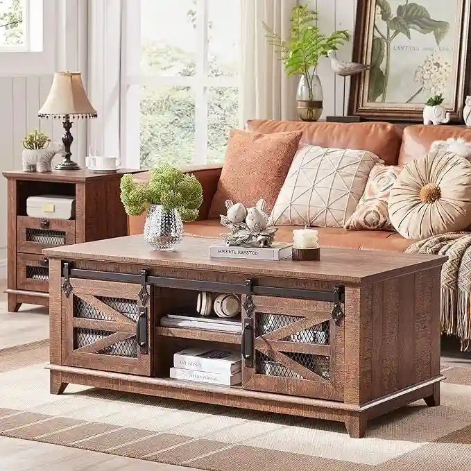 Farmhouse Coffee Table with Storage & Sliding Doors, Cocktail Table