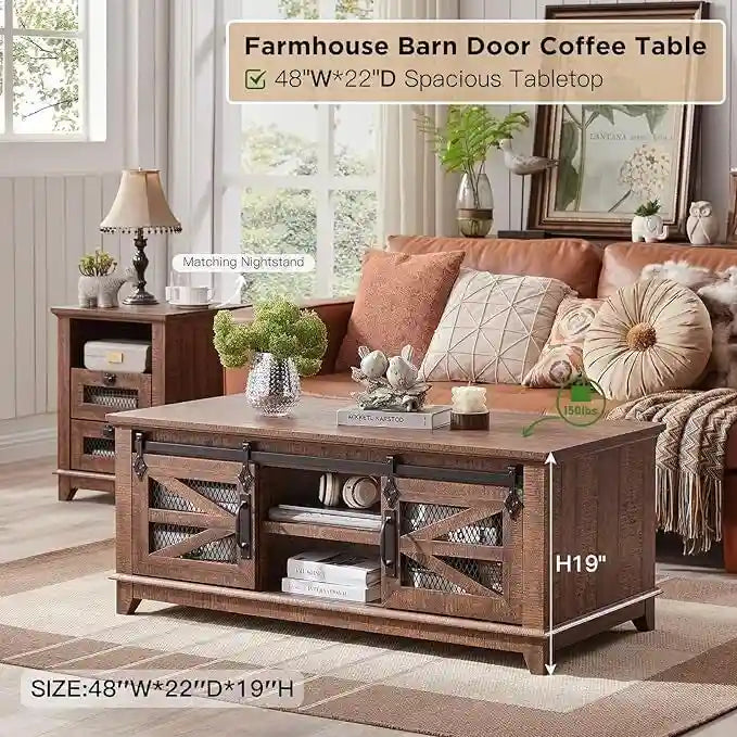 Farmhouse Coffee Table with Storage & Sliding Doors, Cocktail Table
