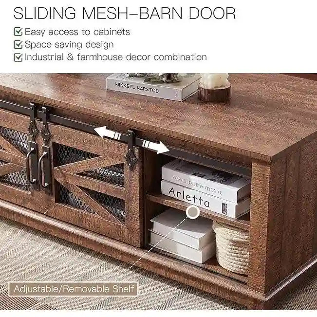 Farmhouse Coffee Table with Storage & Sliding Doors, Cocktail Table