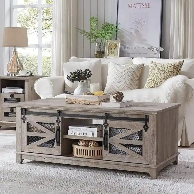 Farmhouse Coffee Table with Storage & Sliding Doors, Cocktail Table