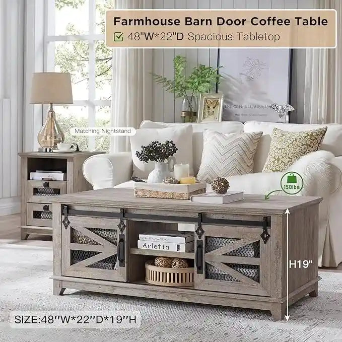 Farmhouse Coffee Table with Storage & Sliding Doors, Cocktail Table