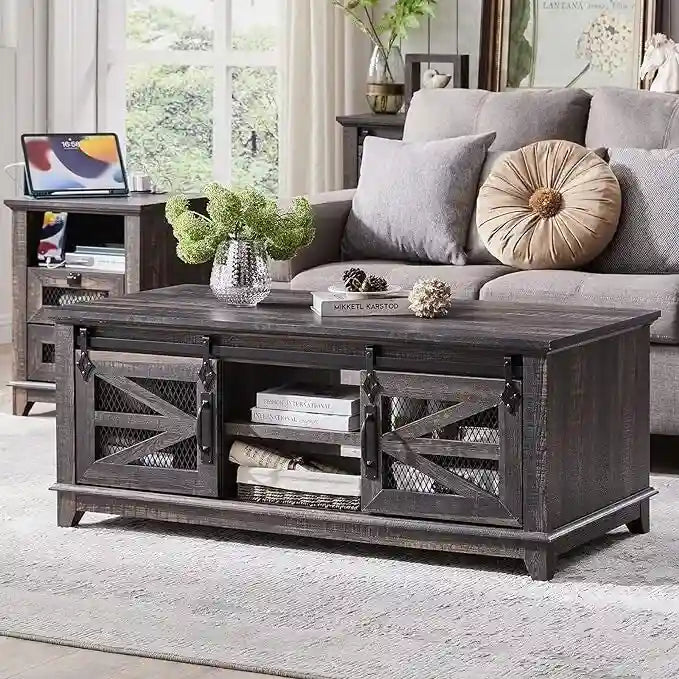Farmhouse Coffee Table with Storage & Sliding Doors, Cocktail Table