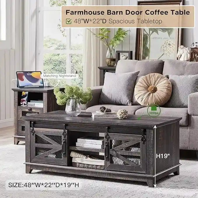 Farmhouse Coffee Table with Storage & Sliding Doors, Cocktail Table