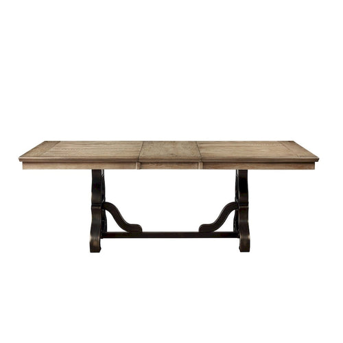 Tavolo da pranzo in legno da 173 cm con base a cavalletto decorata, marrone