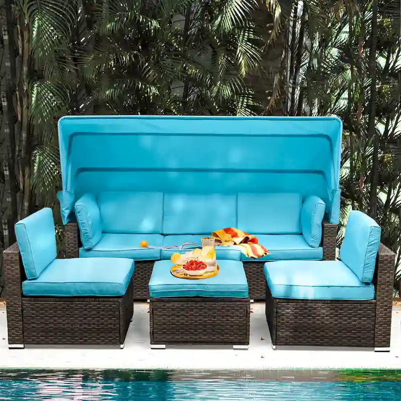 Moasis Blue 6-piece Wicker Patio Furniture Set - 82.28L x 53.54W x 56.7H