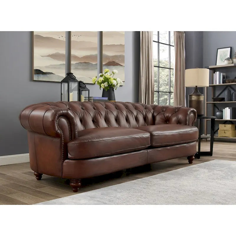 Divano Chesterfield Hydeline Newport in pelle pieno fiore con piume, memory foam e molle