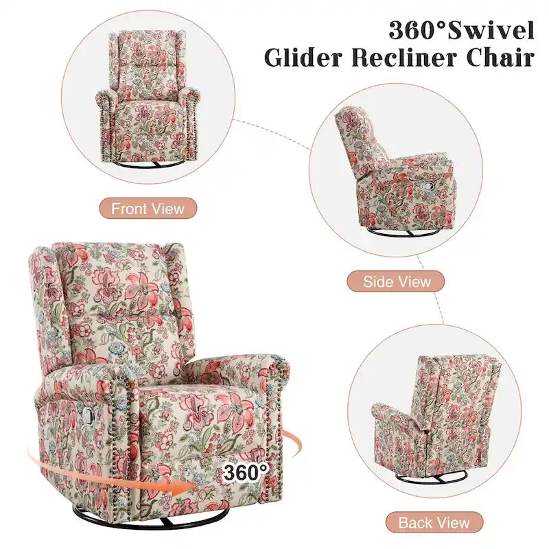 HOMYKA Floral Manual Recliner Swivel Rocking Chair Glider Set of 2
