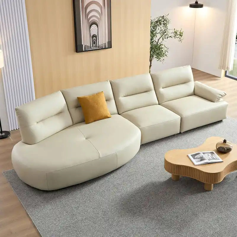 Divano Sezionale in Pelle a Forma Curva per Soggiorno, Set Divano Imbottito a 4 Posti