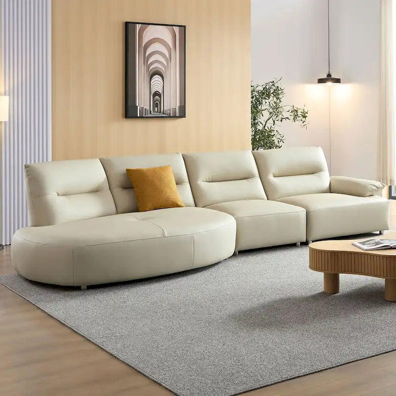 Divano Sezionale in Pelle a Forma Curva per Soggiorno, Set Divano Imbottito a 4 Posti