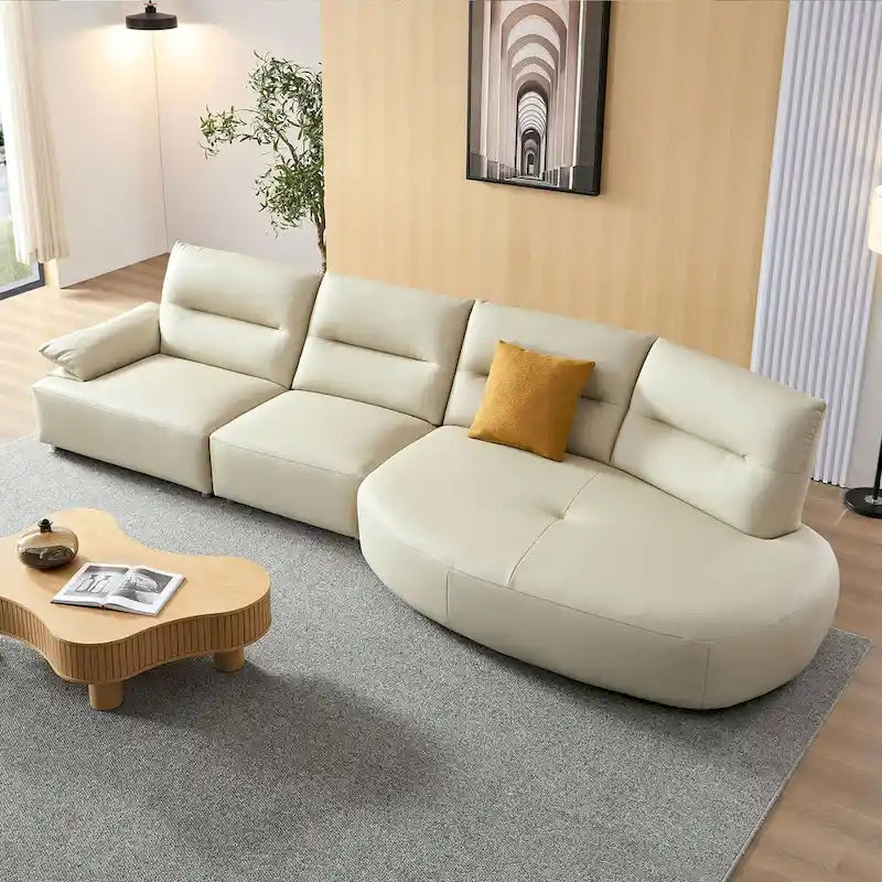 Divano Sezionale in Pelle a Forma Curva per Soggiorno, Set Divano Imbottito a 4 Posti