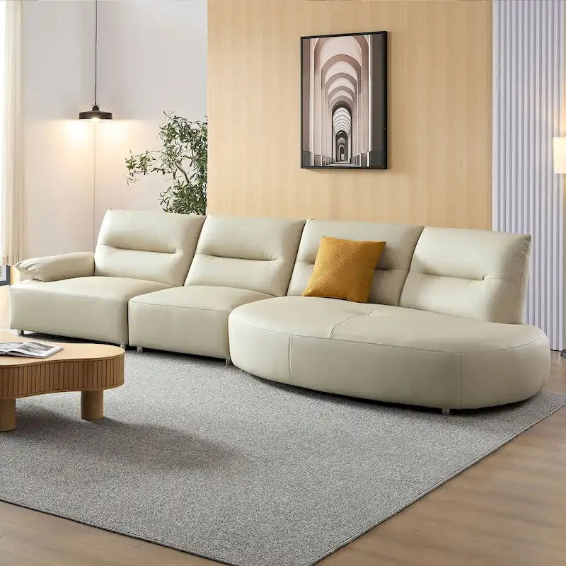 Divano Sezionale in Pelle a Forma Curva per Soggiorno, Set Divano Imbottito a 4 Posti