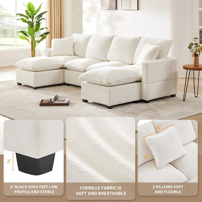 Modern 6-Seat Free Combination U-Shaped Modular Sofa, Sectional Couch Set with 2 Pillows