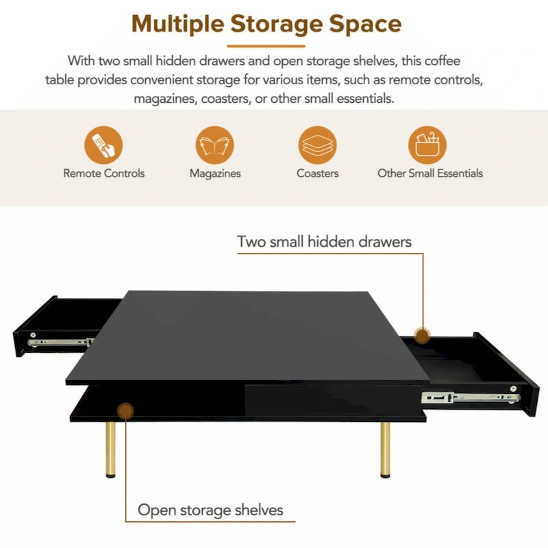 Exquisite High Gloss Coffee Table with 4 Golden Legs and 2 Small Drawers, 2-Tier Square Center Table for Living Room