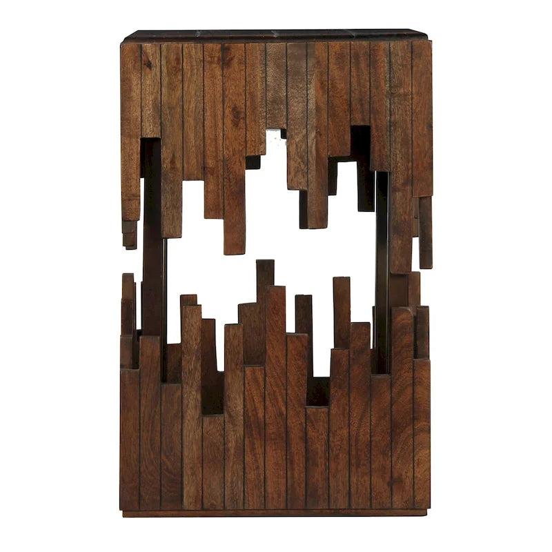 24 Inch Accent Side End Table, Brown Acacia Wood, Slatted Square Top, Handcrafted Abstract Silhouette, Black Iron