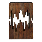 24 Inch Accent Side End Table, Brown Acacia Wood, Slatted Square Top, Handcrafted Abstract Silhouette, Black Iron
