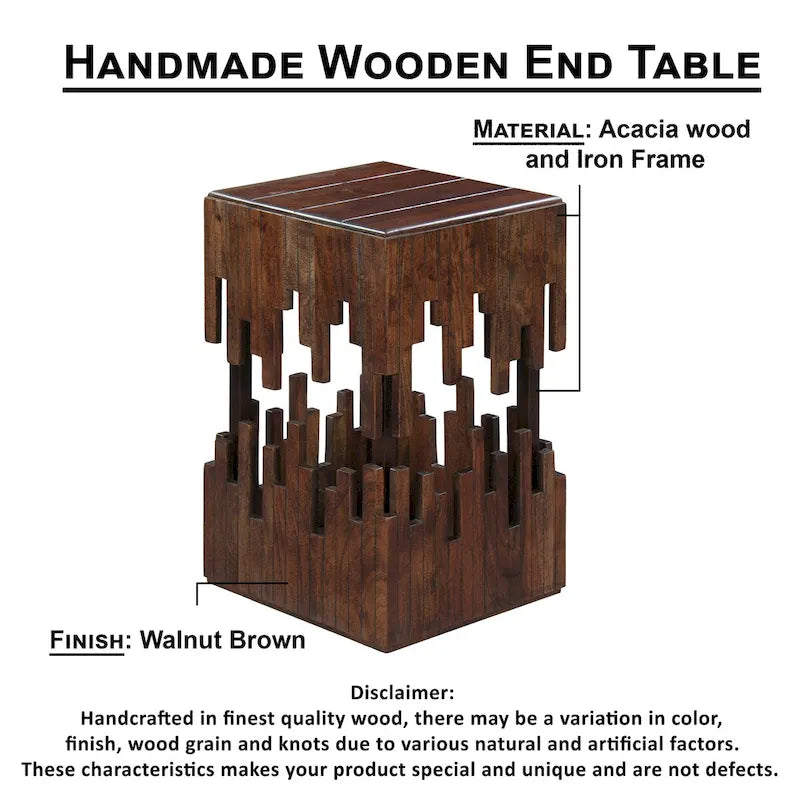 24 Inch Accent Side End Table, Brown Acacia Wood, Slatted Square Top, Handcrafted Abstract Silhouette, Black Iron