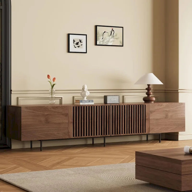 Elegante mobile TV moderno di metà secolo per TV fino a 80 pollici. Ampio spazio per dispositivi multimediali, gestione dei cavi. Facile montaggio.