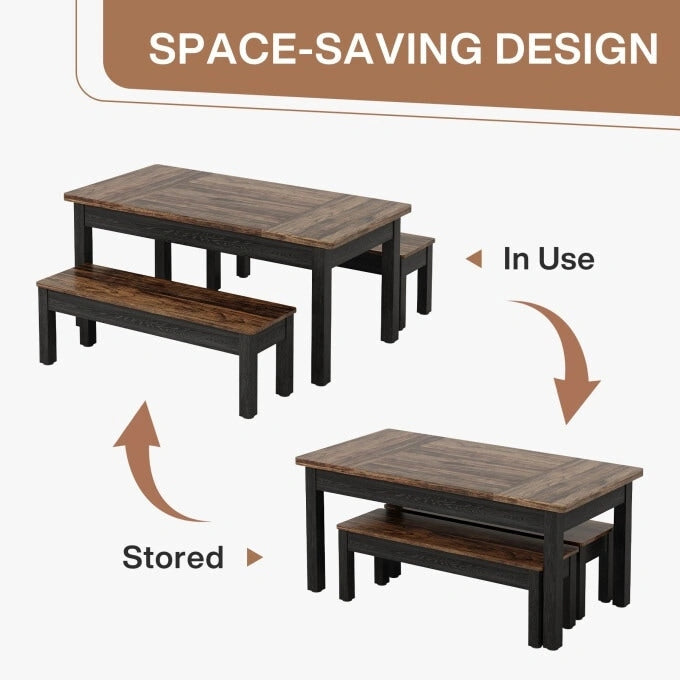 55-Inch Dining Table Set for 4-6, Wood Kitchen Table with 2 Benches