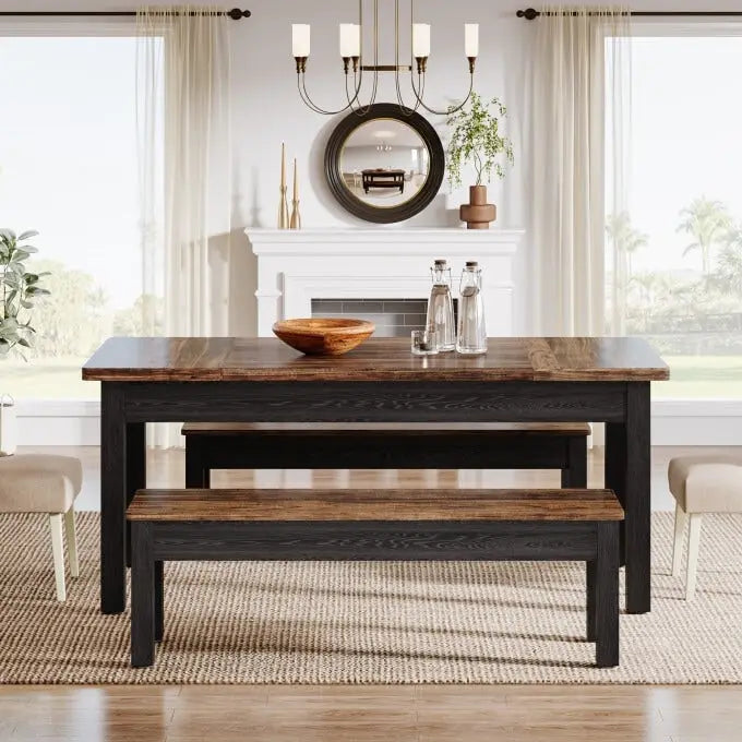55-Inch Dining Table Set for 4-6, Wood Kitchen Table with 2 Benches