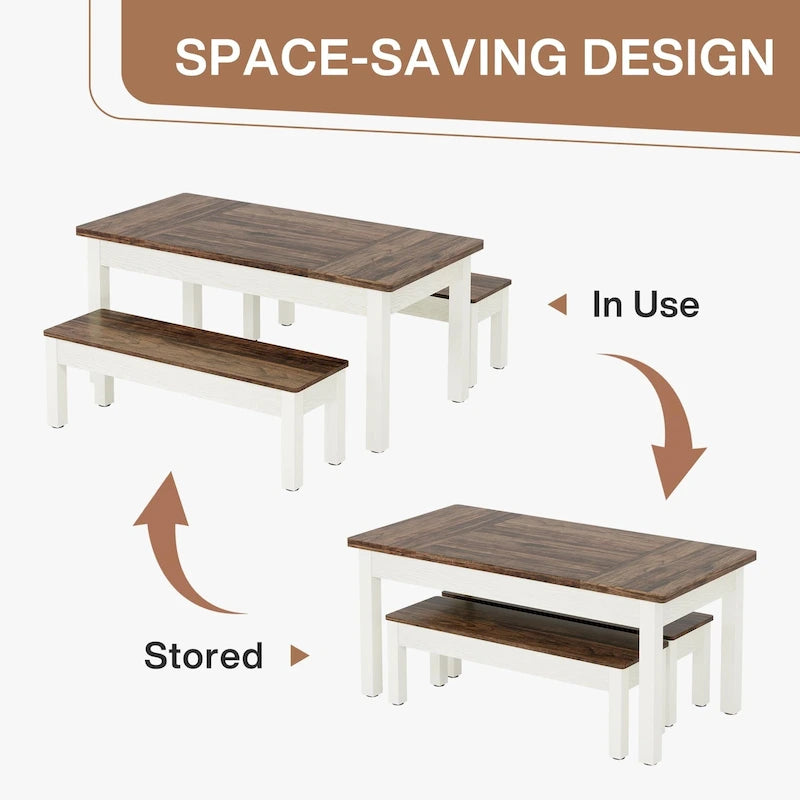 55-Inch Dining Table Set for 4-6, Wood Kitchen Table with 2 Benches