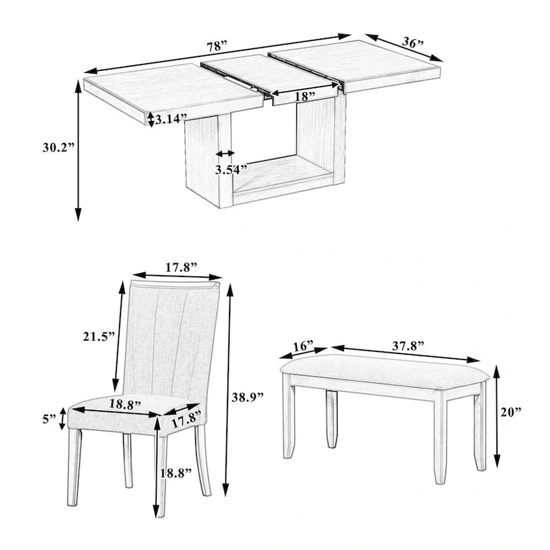 Set da pranzo contemporaneo da 6 pezzi con tavolo allungabile a piedistallo da 78 pollici