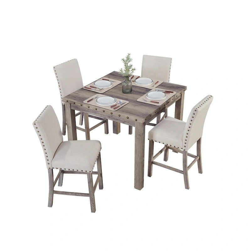 Morden Fort Farmhouse Style 5-piece Square Bar Table Set, 4 Upholstered Counter Stools with Bar Table Dining Set