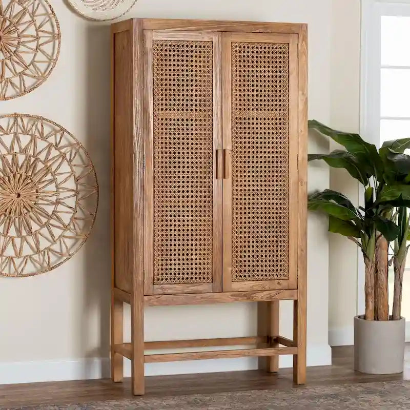 Mobile alto Sibu in rattan naturale e legno di teak in stile bohémien