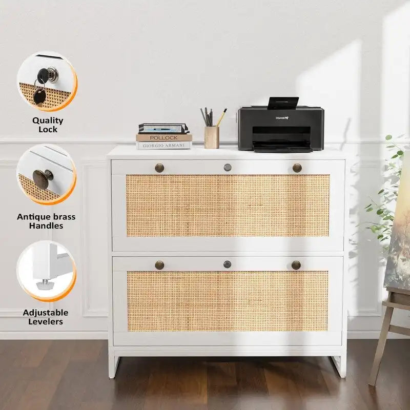 File Cabinet Lateral 2-Drawer Wood Rattan with Lock for Home Office