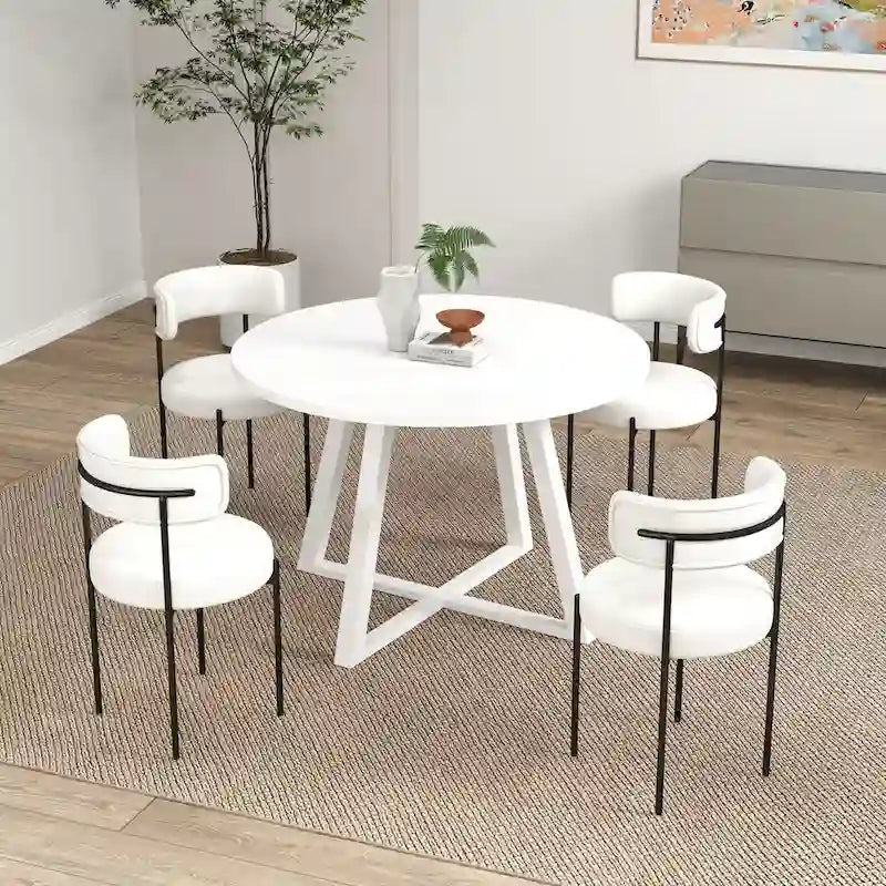 Roundhill Durban 5-Piece Round Dining Set, Trestle Dining Table with 4 Boucle Chairs