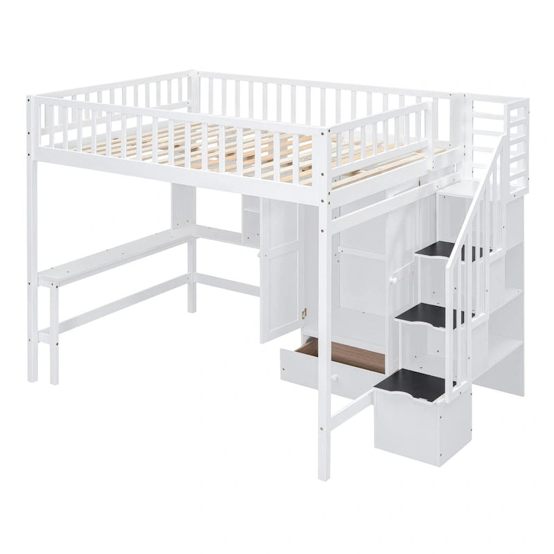 White Full Pine Loft Bed with Bookshelf, Drawers, Desk, Wardrobe, Storage Stair