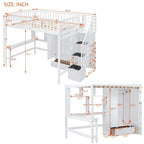 Letto a soppalco White Full Pine con libreria, cassetti, scrivania, armadio, scala contenitore