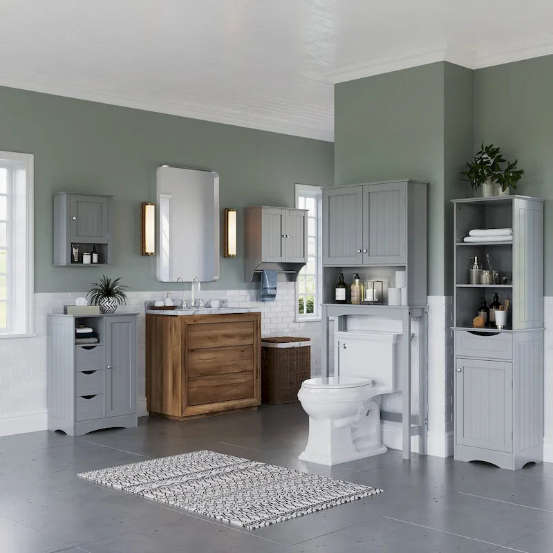 RiverRidge Ashland Single Door Bathroom and Laundry Storage Cabinet with 3 Drawers, Open and Adjustable Shelf