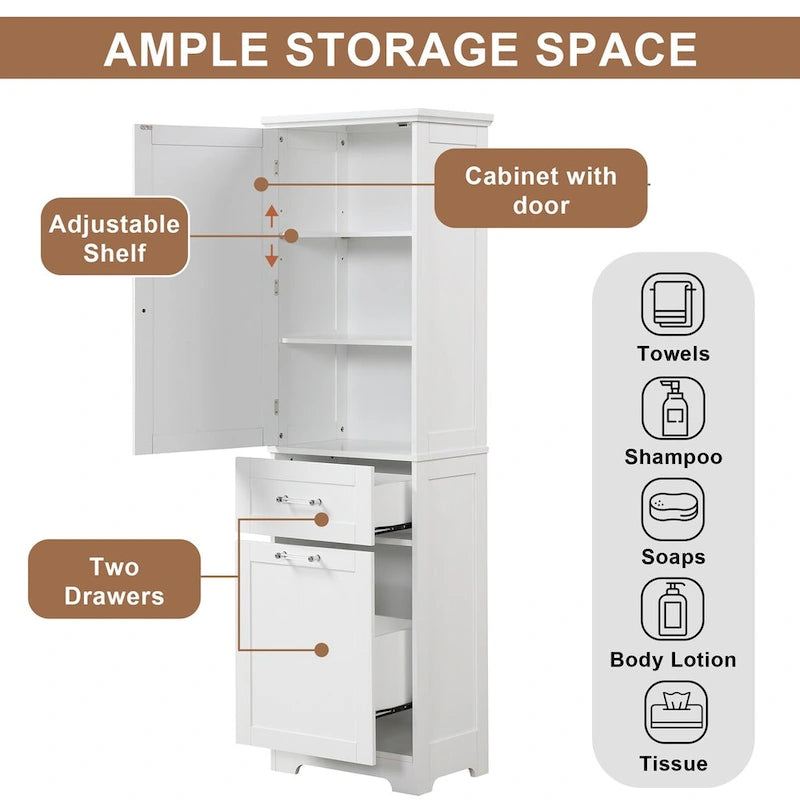 20 in. W x 13 in. D x 68.1 in. H Linen Cabinet with 2-Different Size Drawers and Adjustable Shelf