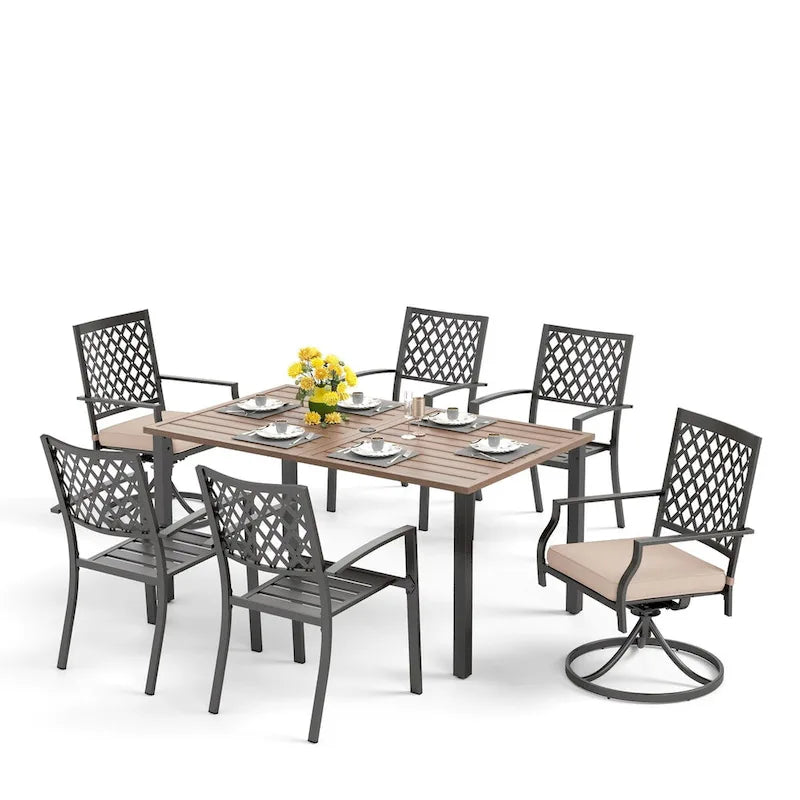 MAISON ARTS Patio Dining Set of 7 with Rectangular Brown Metal Dining Table and Metal Chairs