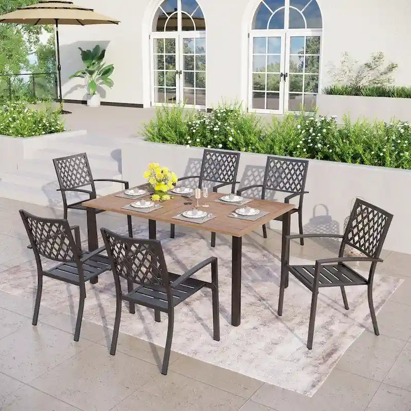 MAISON ARTS Patio Dining Set of 7 with Rectangular Brown Metal Dining Table and Metal Chairs