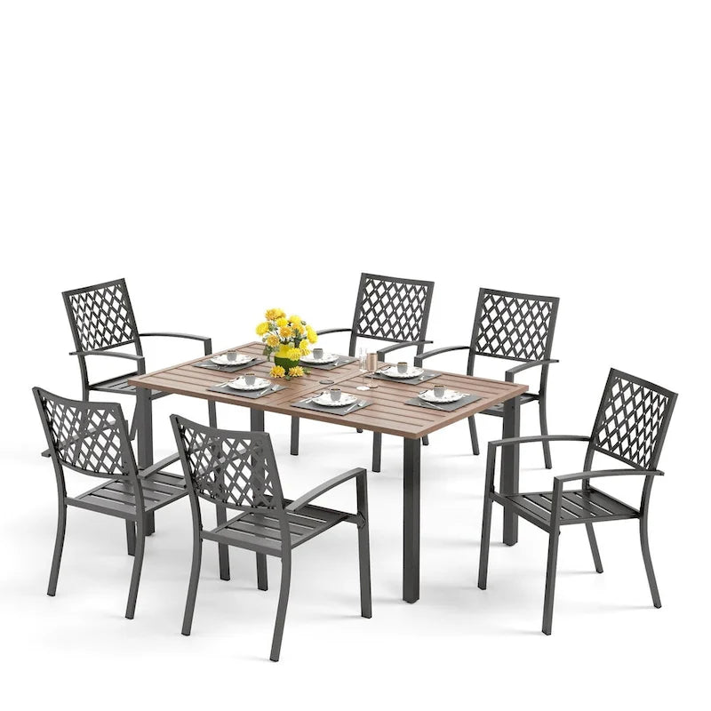 MAISON ARTS Patio Dining Set of 7 with Rectangular Brown Metal Dining Table and Metal Chairs