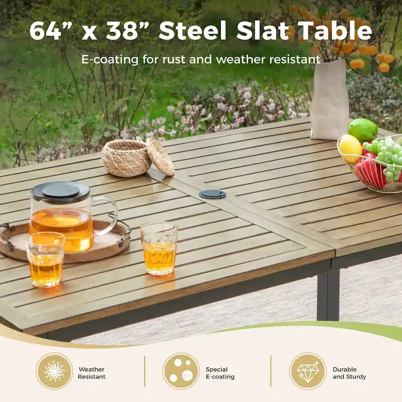 MAISON ARTS Patio Dining Set of 7 with Rectangular Brown Metal Dining Table and Metal Chairs