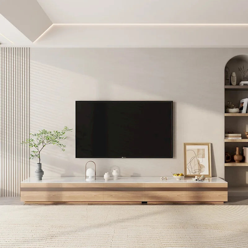 Modern Light Wood TV Stands, Glossy Stone Table-top, 3-6Drawers, Fully Assembled