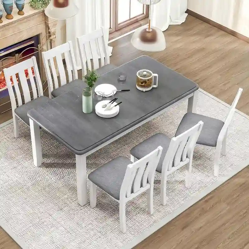 Retro Style 7 PCS Dining Table Set for 6-Extendable Table and 6 Upholstered Chairs